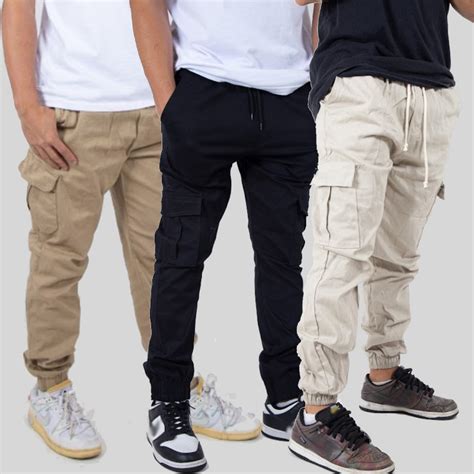 Kit 2 Calça Jogger Cargo Masculina com Elástico Sarja e Bolso Lateral ...