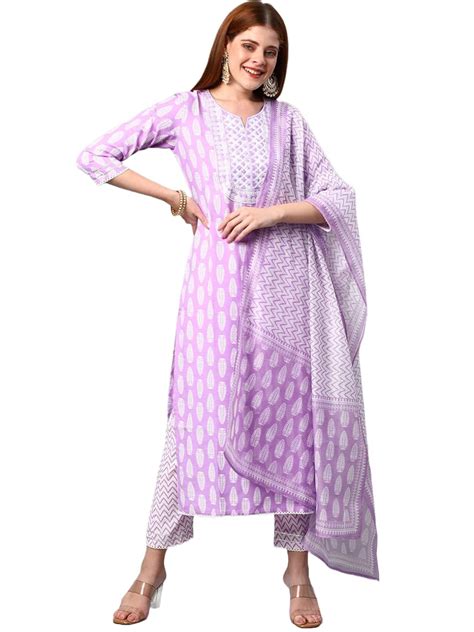 Buy GoSriKi Women's Cotton Blend Printed Straight Kurta with Pant ...