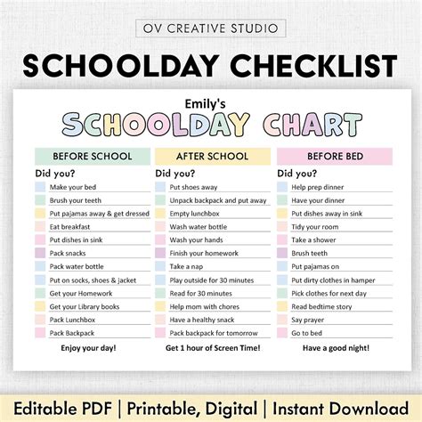 Editable Schoolday Checklist for Kids | Printable | Kids Chore Chart | Before School, After ...