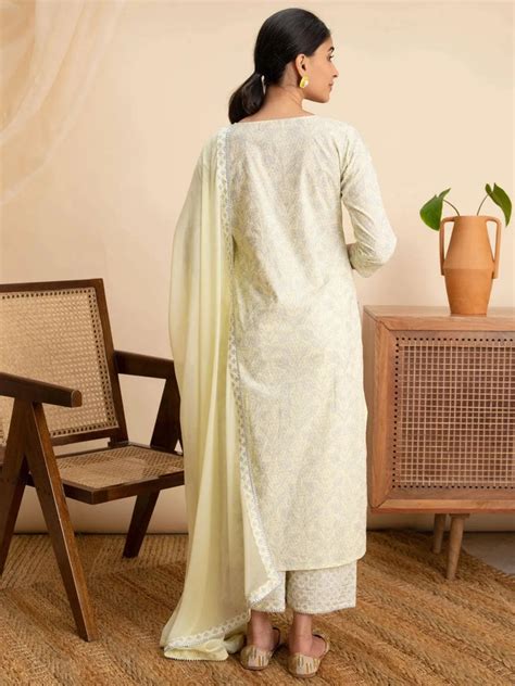 Buy Yellow Printed Cotton Straight Kurta With Palazzos & Dupatta Online ...