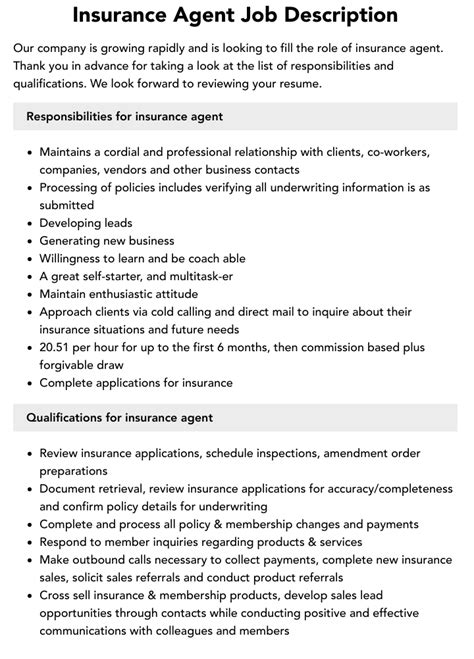 Insurance Agent Job Description Examples 的图像结果
