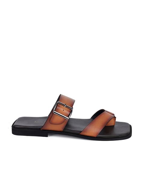 Tan Open Toe Lightweight T-Strap Leather Sandal with Adjustable Buckle
