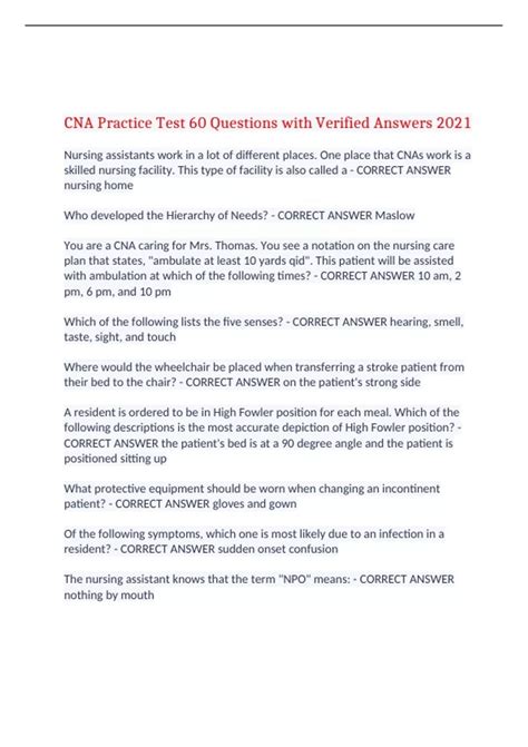 CNA Practice Test 60 Questions with Verified Answers 2021,100% CORRECT ...