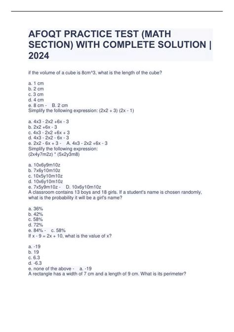 AFOQT PRACTICE TEST (MATH SECTION) WITH COMPLETE SOLUTION | 2024 ...