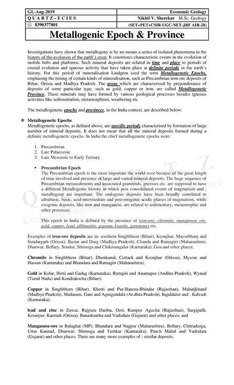 Metallogenic Epochs and Provinces: Insights for Essays and Notes - Studocu
