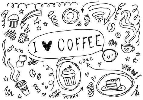 Doodle coffee time line arrows, heart, stars, tea, cupcake, text. Cafe sketch set cute isolated ...