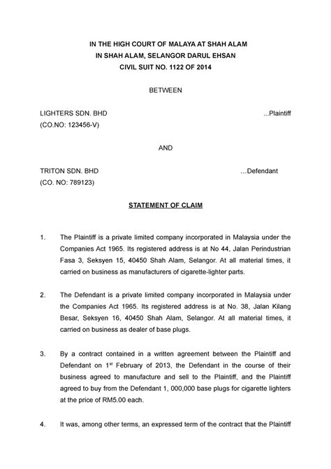Pleadings - Statement of Claim - IN THE HIGH COURT OF MALAYA AT SHAH ...