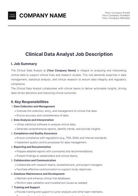 Free Clinical Data Analyst Job Description Template to Edit Online