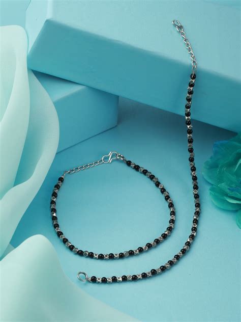 Priyaasi Black Bead Oxidised Silver Anklet Set