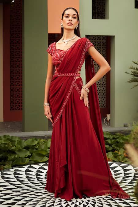 Buy Red Silk Crepe Lining Shantoon Embroidered Pre-draped Saree With ...