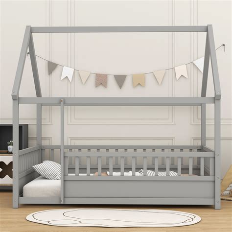 Harper Orchard Floor Wooden Bed With House Roof Frame,Fence Guardrails ...