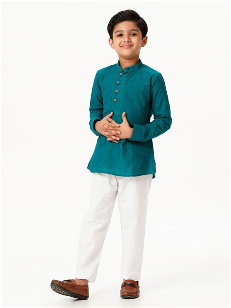Little Stars Boys Breeze Cotton Full Sleeves Peacock Green Kurta with ...