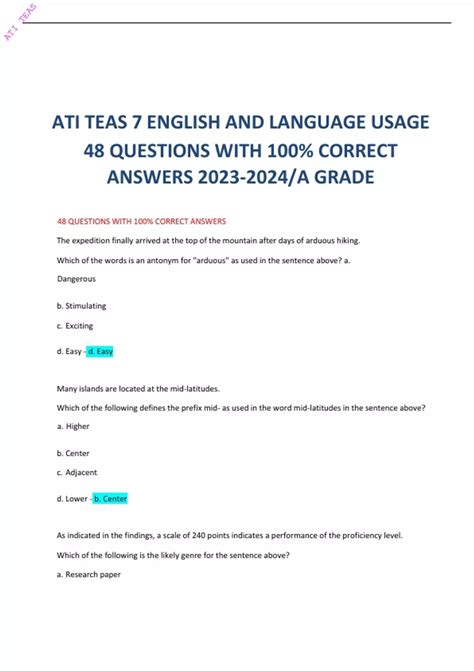 ATI TEAS 7 ENGLISH AND LANGUAGE USAGE QUESTIONS WITH 100% CORRECT ...