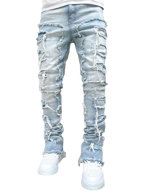 Men's Ripped Stacked Jeans Slim Fit Patch Distressed Destroyed Straight ...