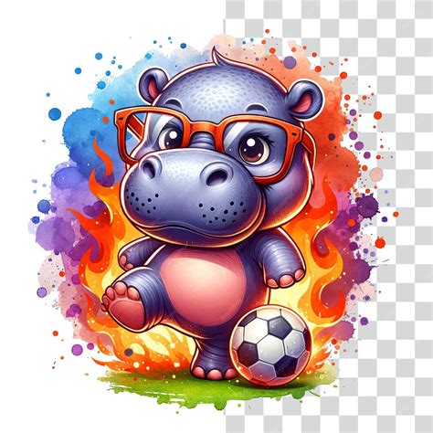 Cute hippo playing with football transparent png | Premium AI-generated PSD