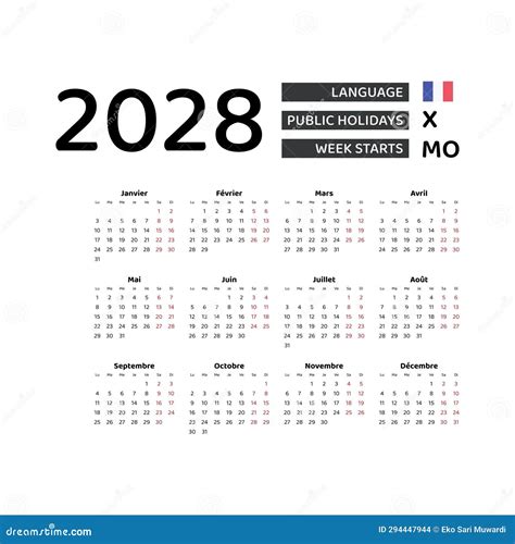Calendar 2028 French Language with France Public Holidays. Stock Vector ...