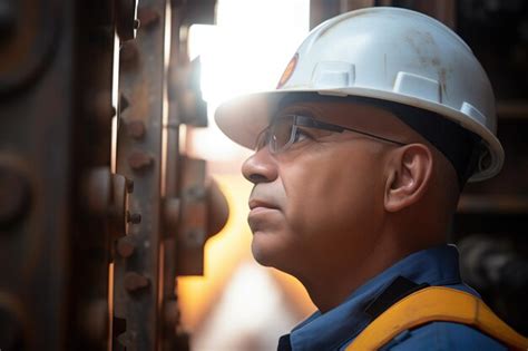Inspector wearing a hard hat looking at elevator gears | Premium AI ...