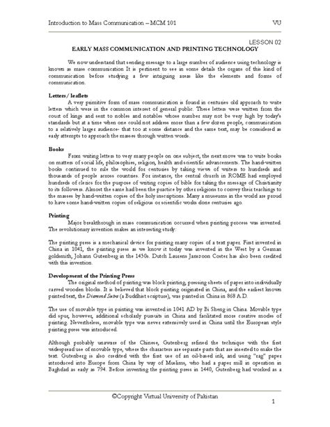 Introduction to Mass Communication MCM 101: Lesson 02 - Early Mass Communication - Studocu