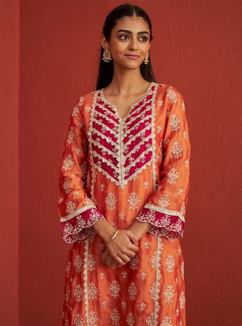 Mulmul Organza Satin Shubh Burnt Orange Kurta With Mulmul Pima Satin S