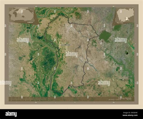 Prey Veng, province of Cambodia. High resolution satellite map. Locations and names of major ...
