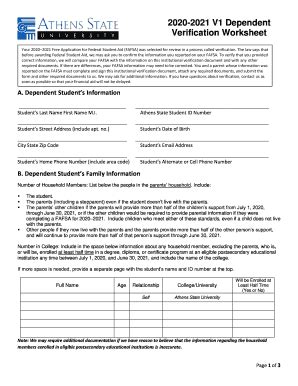 Fillable Online Dependent Verification Worksheet (V1) 2020-2021 Call 1 ...