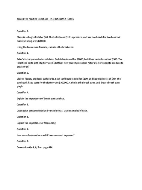 Image result for Break-Even Analysis Practice Questions