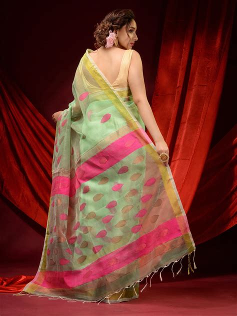 Mint Green Muslin Handwoven Saree With Woven Motifs And Zari Borders ...