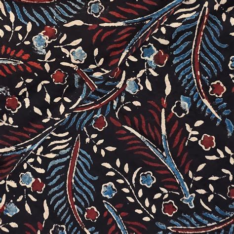 Pure Cotton Ajrak Black With Leaves Overlapping Hand Block Print Fabri ...