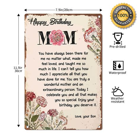 Happy Birthday Mom Message With Flowers From Son.Retro Metal Tin Sign ...