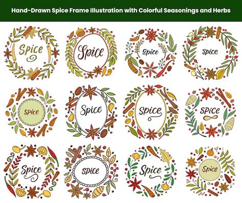 Colorful handdrawn spice frame illustrations with seasonings and herbs ...