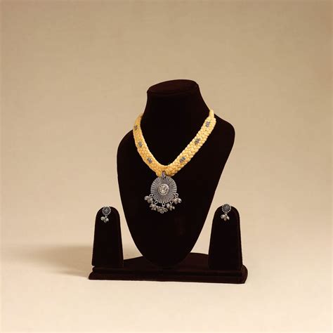 Yellow German Silver Thread Braided Necklace Set