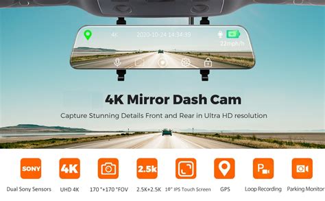 CLEGO D8 10" UHD 4K Front and 1080P Rear View Touchscreen Mirror Dash ...