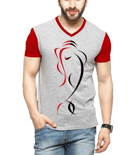 Buy Tripr Men's Cotton V-Neck Ganesh Printed T-shirt (Grey Red, Large ...