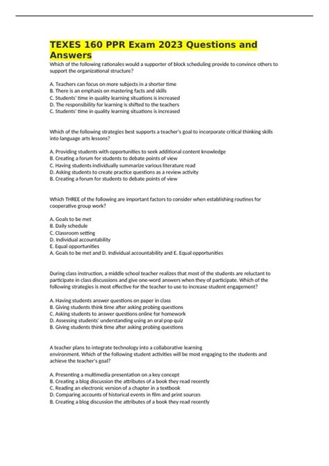 TEXES 160 PPR Exam 2023 Questions and Answers - Texas Teacher Certification - Stuvia US
