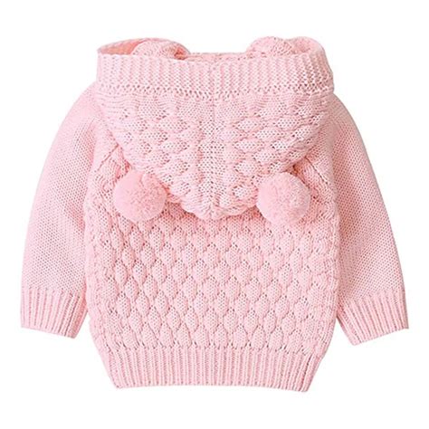 Infants Baby Pink Knitted Cardigan Sweater with Pom Pom Hoodie - Little ...
