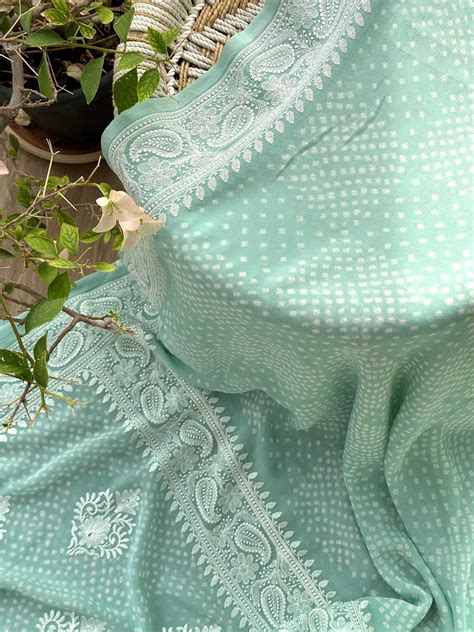Light Sea Green Pure Banarsee Georgette Bandhani Saree with Machine Em ...