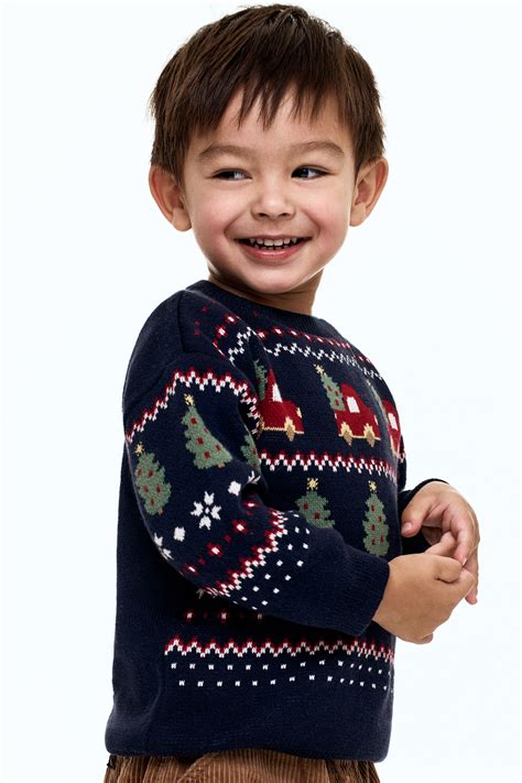 Jacquard-knit jumper - Navy blue/Christmas trees - Kids | H&M IN