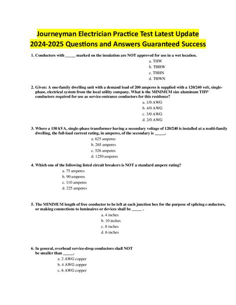 Electrical Journeyman Test 2024 Latest Update 2024-2025 Actual Exam 200 Questions and 100% ...