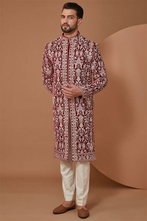 Maroon Threadwork Jamawar Sherwani