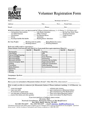 Fillable Online Volunteer Registration Form - The Banff Centre Fax ...