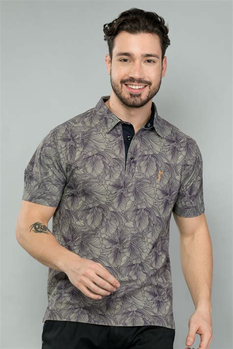 Moose Grey Men's Floral Print Golf Polo T-Shirts | Quick Dry | Stretch