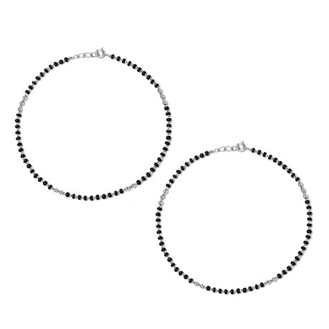 Buy the Silver Dainty Black Beads Pair Of Anklets - Silberry