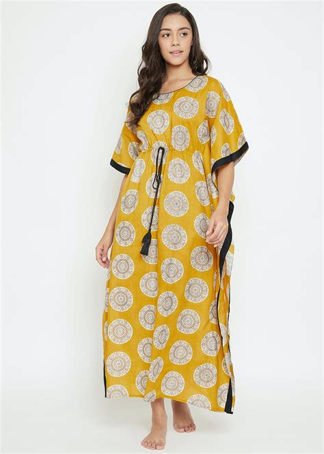 Get Contrast Piping Detail Mustard Floral Printed Kaftan at ₹ 1999 ...