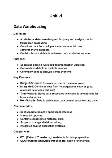DMW unit1 - unit-1 precise notes - Unit - Data Warehousing Definition ...