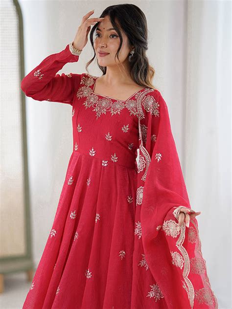 Red Embroidered Sequence Work Crunchy Silk Anarkali Gown With Dupatta ...