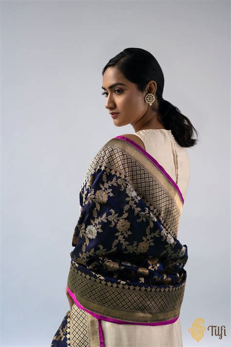 Navy Blue Pure Katan Silk Banarasi Handloom Dupatta - Tilfi