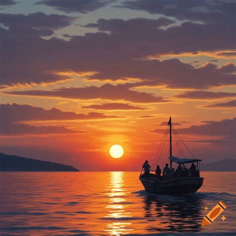 Oil painting of a small ship leaving the shore at sunset on Craiyon