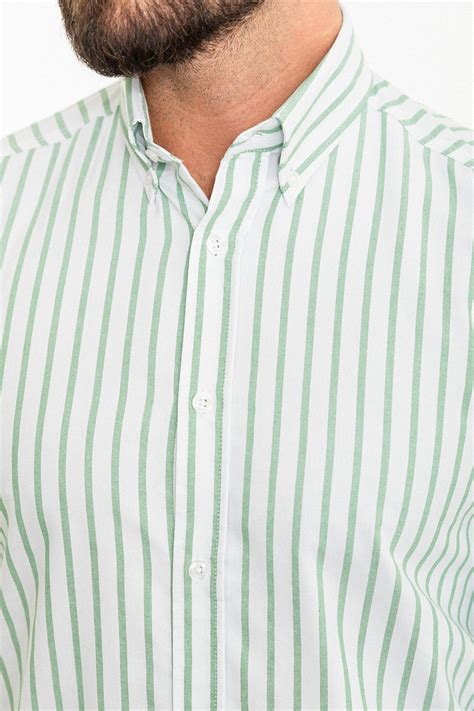 White And Green Color Striped Figured Design Classic Cotton Men's Shirt