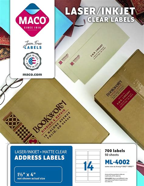 MACO Laser/Ink Jet Matte Clear Address Labels, 1-1/3 x 4-1/4 Inches, 14 ...