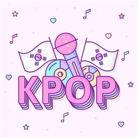 the kpop logo with music notes and flags in the background on a pink ...